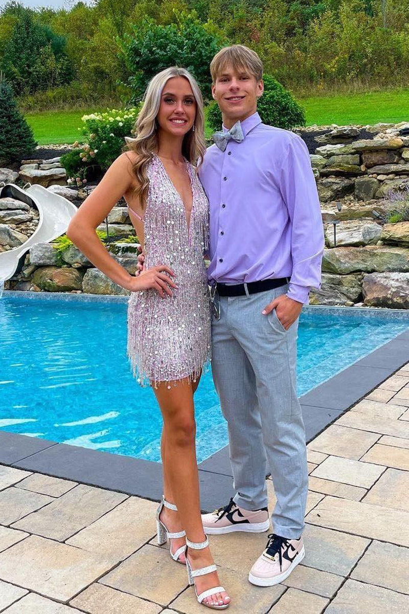 Cute Bodycon V Neck Light Purple Sparkly Short Homecoming Dresses with Anniebride Cute Bodycon V Neck Light Purple Sparkly Short Homecoming Dresses with Anniebride