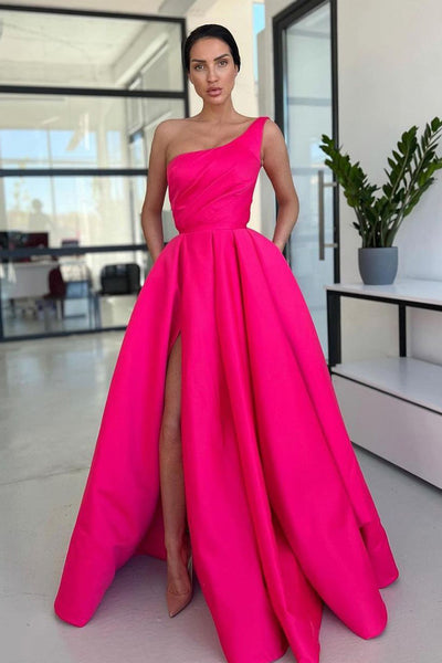 Charming A Line One Shoulder Hot Pink Satin Long Prom Dresses with Slit AB103104