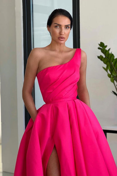 Charming A Line One Shoulder Hot Pink Satin Long Prom Dresses with Slit AB103104