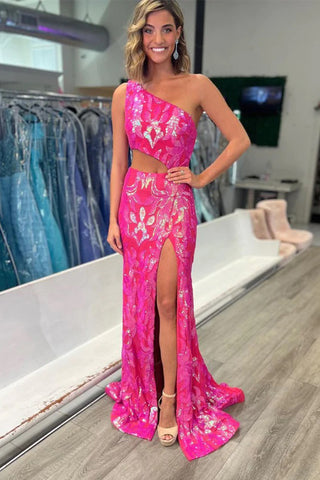 Cute Mermaid One Shoulder Hot Pink Sequins Lace Prom Dresses with Slit AB10805