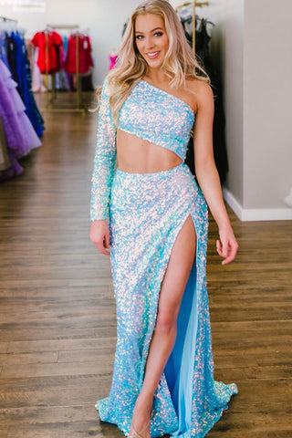 Sparkly Mermaid One Shoulder Light Blue Sequins Long Prom Dresses with Slit AB120609
