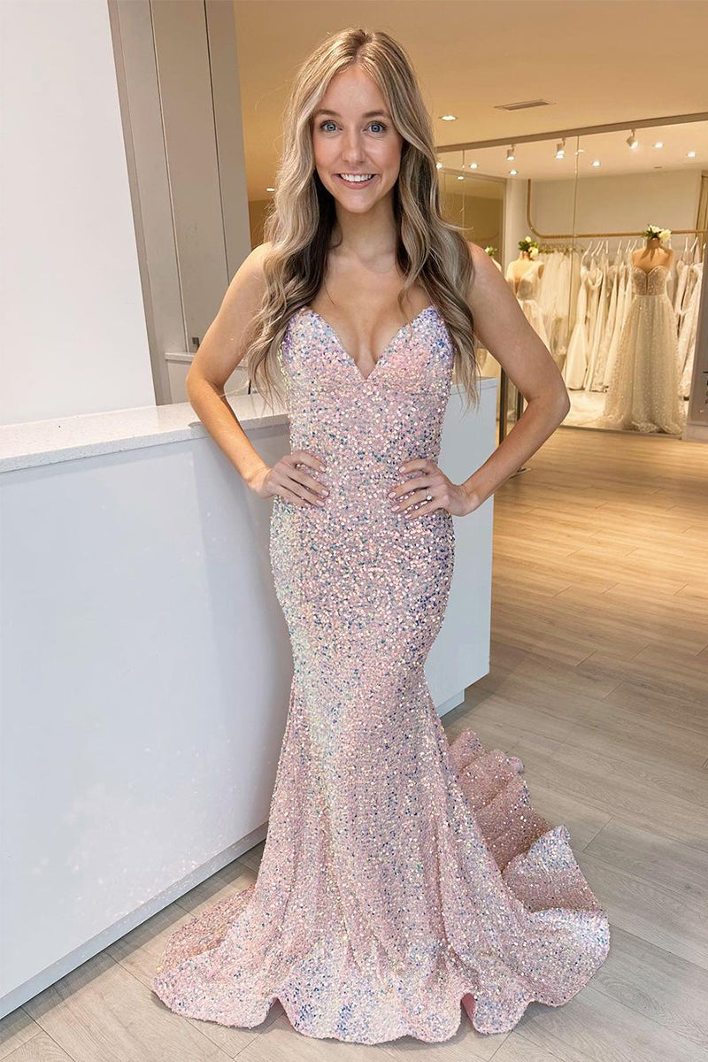 Cute Mermaid V Neck Blush Pink Sequins Long Prom Dresses AB121102 Anniebride Cute Mermaid V Neck Blush Pink Sequins Long Prom Dresses AB121102 Anniebride