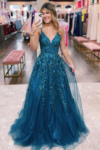 Cute A Line V Neck Vivid Blue Tulle Long Prom Dresses with Appliques AB121105