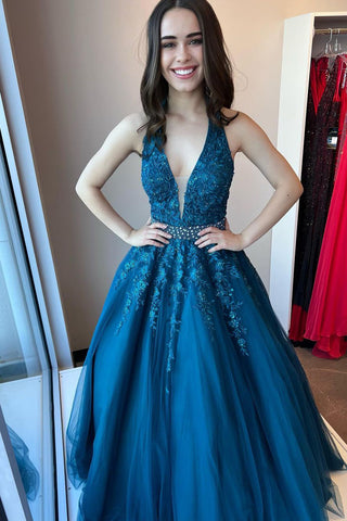 Cute Ball Gwon V Neck Vivid Blue Tulle Prom Dresses with Lace AB121504