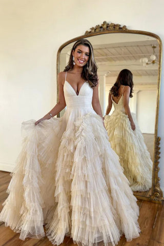 Cute Ball Gown Tutu V Neck Champagne Tulle Long Prom Dresses AB12302