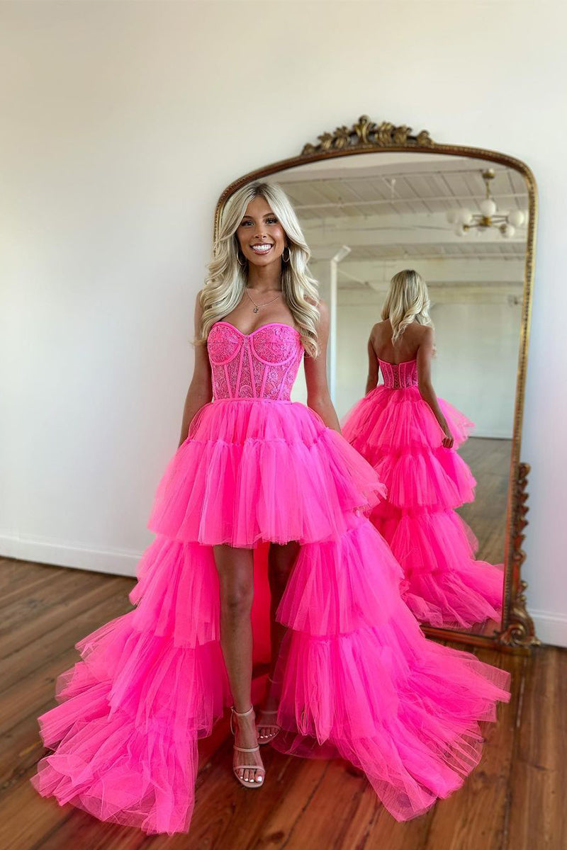 Cute A Line Sweetheart Hot Pink Prom Dresses with Lace AB22501 – Anniebride