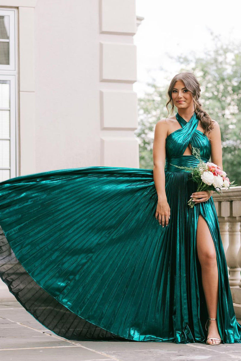Charming A Line Halter Dark Green Satin Prom Dresses with Slit