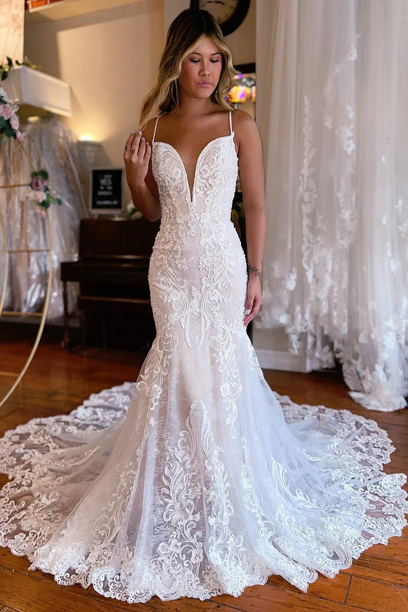 Charming Romantic Mermaid V Neck Lace Wedding Dresses Beach Bride Dress  AB4091205 – Anniebride
