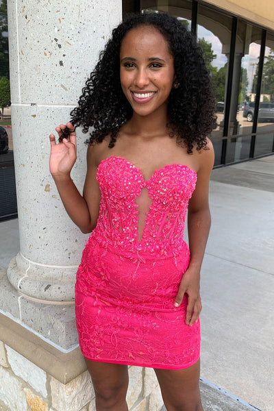 Charming Tight Sweetheart Pink Lace Short Homecoming Dresses with Beading AB24090103-1