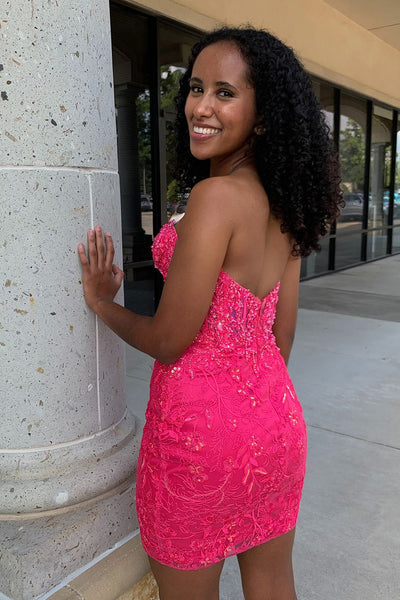 Charming Tight Sweetheart Pink Lace Short Homecoming Dresses with Beading AB24090103-2