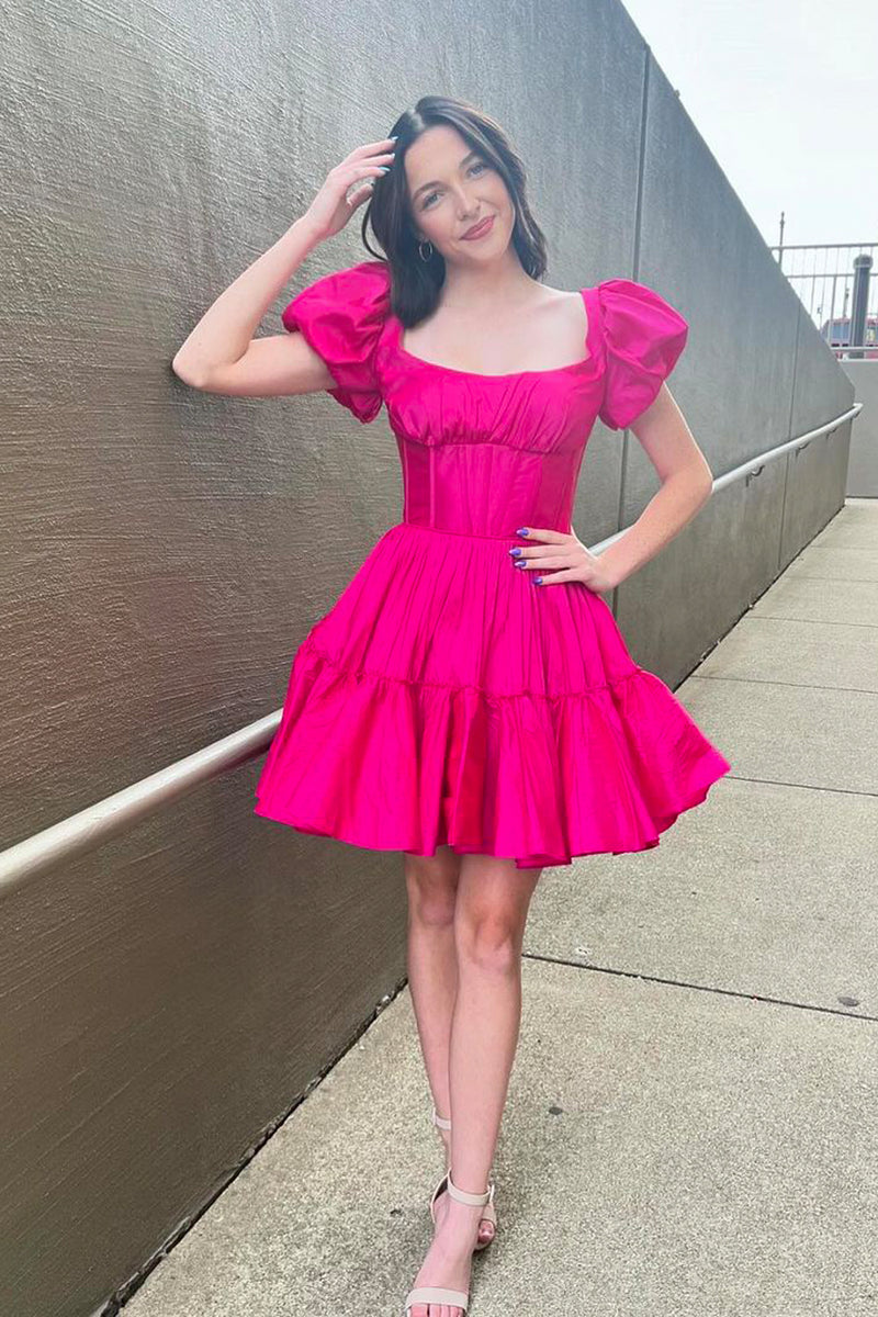 Cute A-Line Square Neck Hot Pink Satin Short Homecoming Dresses AB24090903 Anniebride Cute A-Line Square Neck Hot Pink Satin Short Homecoming Dresses AB24090903 Anniebride