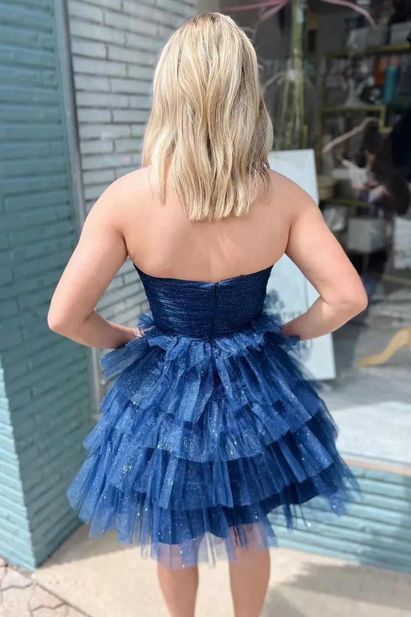 Cute A-Line Sweetheart Navy Blue Ruffle Tiered Glitter Tulle Short  Homecoming Dresses AB24083102 – Anniebride