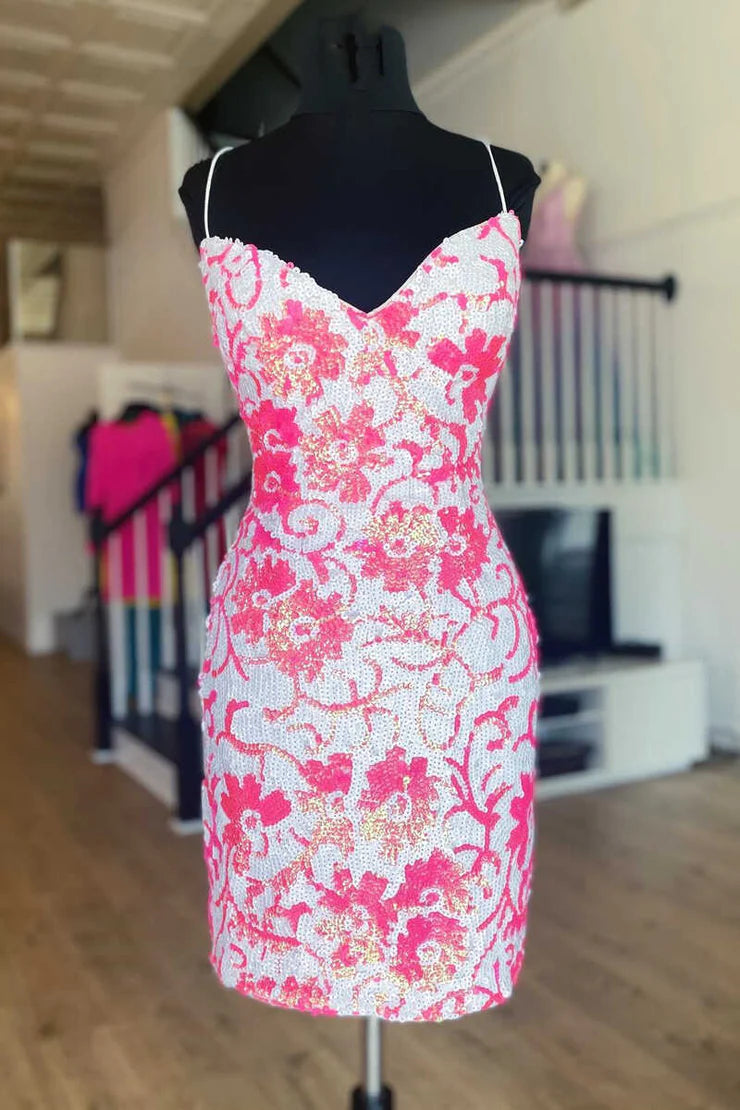 Cute V Neck Hot Pink Sequins Lace Short Tight Homecoming Dresses with Lace-up Back AB4083008 Anniebride Cute V Neck Hot Pink Sequins Lace Short Tight Homecoming Dresses with Lace-up Back AB4083008 Anniebride