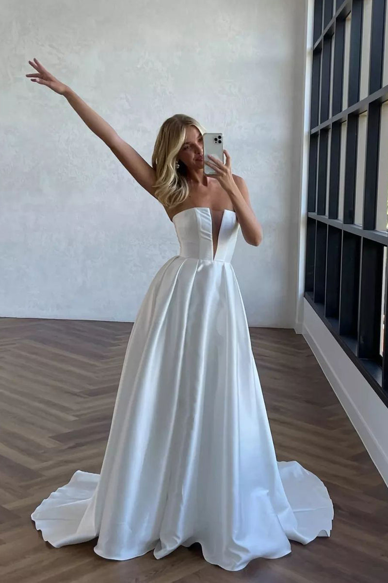 Fashion Simple A Line V Neck Twill Satin Wedding Dresses with Slit AB24090702 Fashion Simple A Line V Neck Twill Satin Wedding Dresses with Slit AB24090702