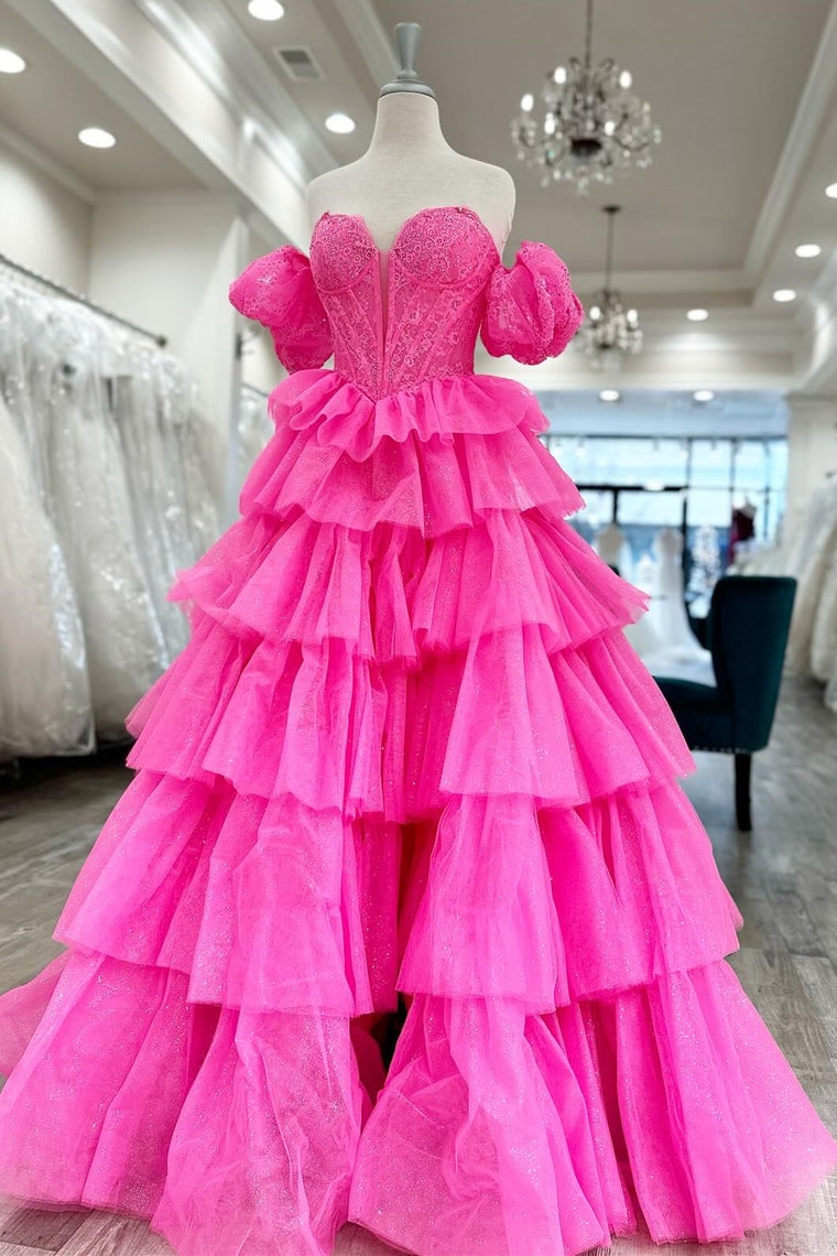 knee length dresses for ladies Luuvis Sparkly Hot Pink A-Line Off The Shoulder Long Tiered Prom Dress With  Appliques main image 1