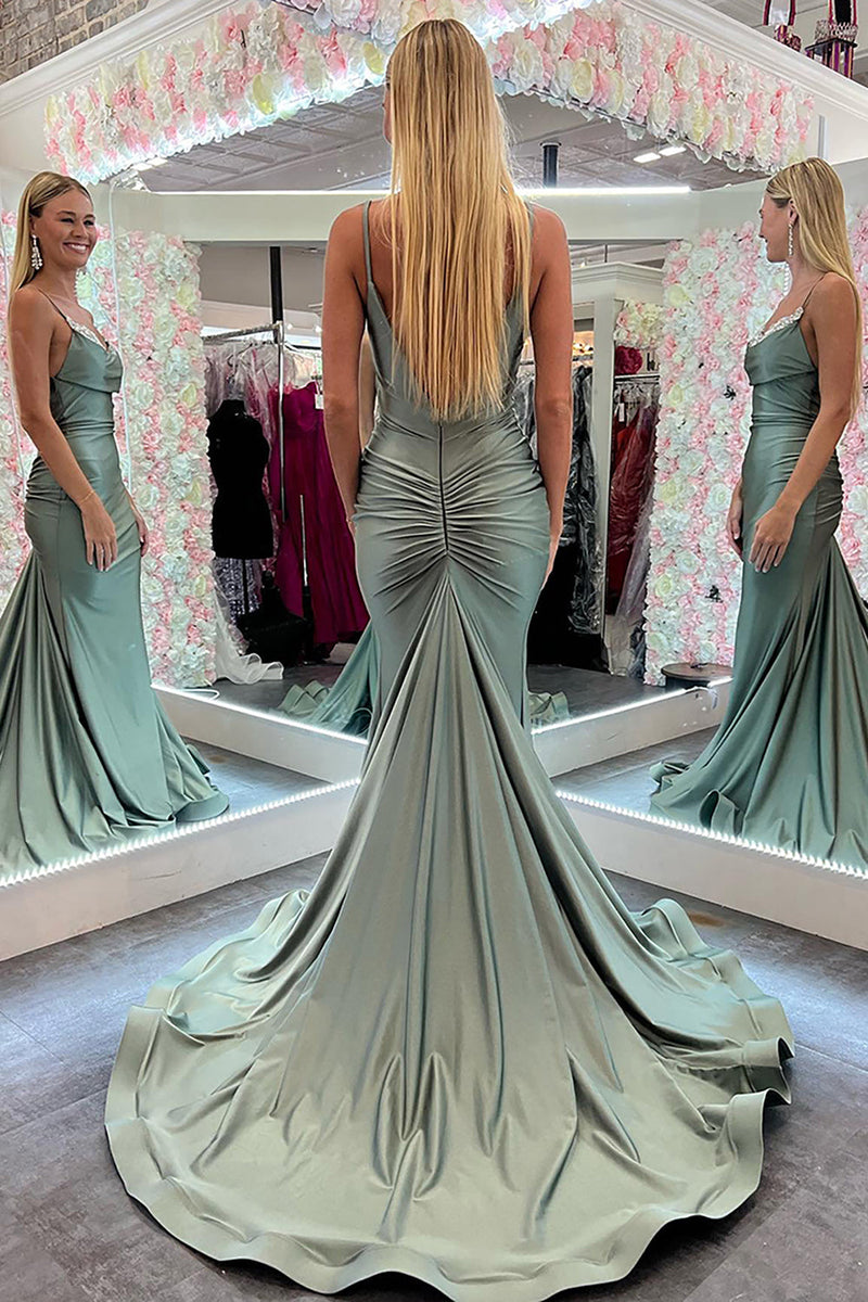 Gorgeous Mermaid Scoop Neck Green Satin Prom Dress with Hot Stone VK25121807 main image 1