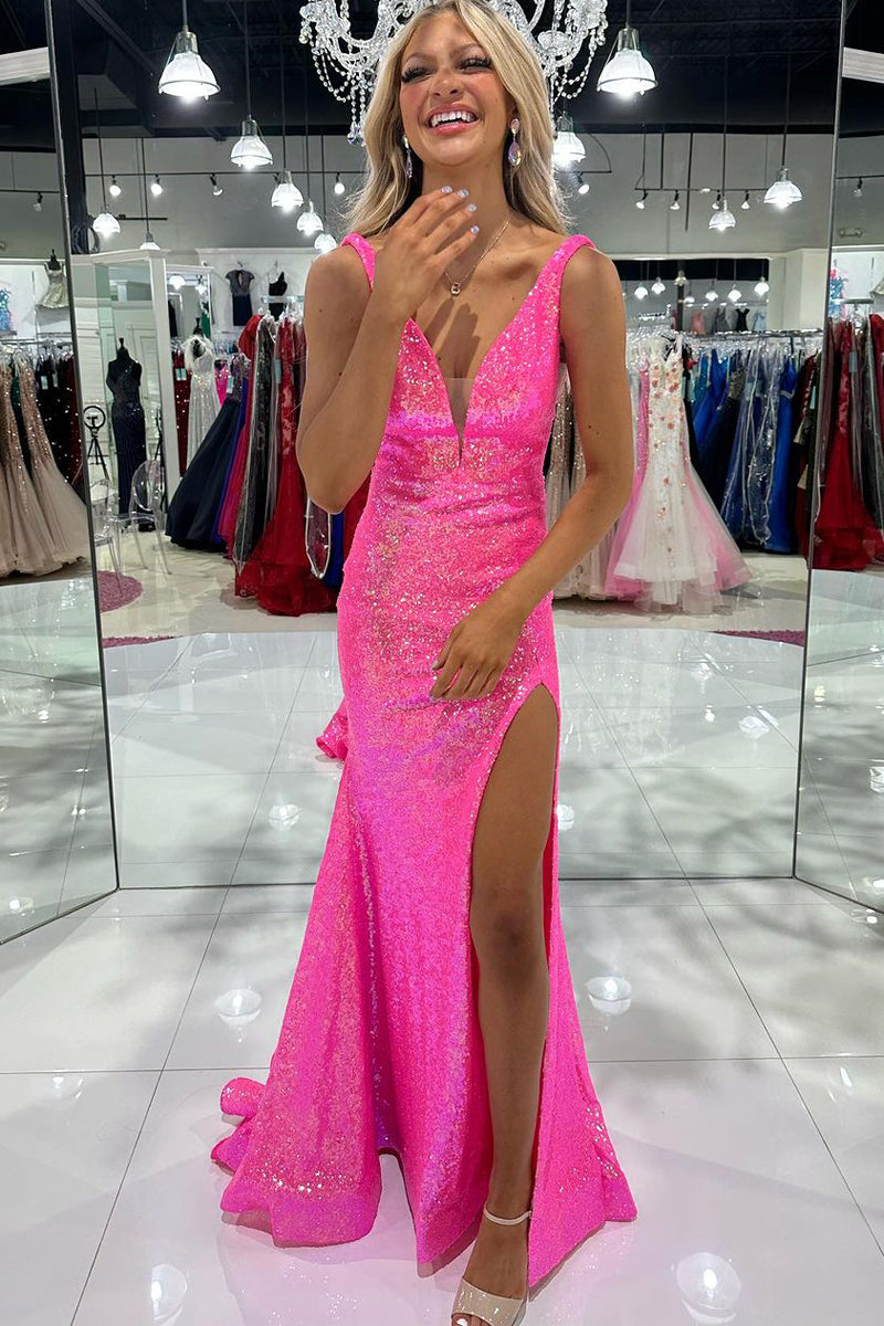 Sparkly Mermaid V Neck Hot Pink Sequins Long Prom Dresses with Slit AB100607 Anniebride Sparkly Mermaid V Neck Hot Pink Sequins Long Prom Dresses with Slit AB100607 Anniebride