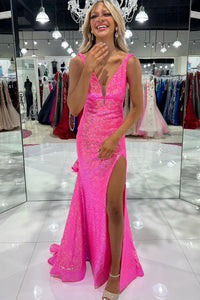 Sparkly Mermaid V Neck Hot Pink Sequins Long Prom Dresses with Slit AB100607