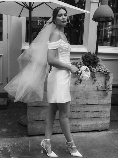 Fashion Off the Shoulder White Satin Pleat Short Bridal Dresses AB25010608