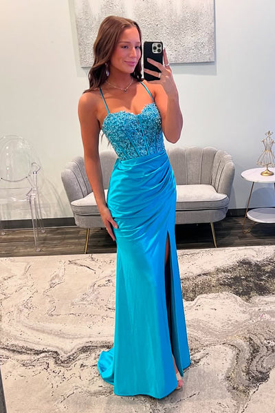 Charming Mermaid Sweetheart Blue Satin Long Prom Dress with Appliques AB25012703