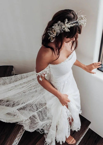 Bohemian Mermaid Off the Shoulder Lace Long Bridal Dresses AB24110609