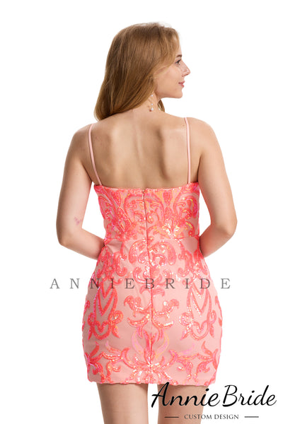 Cute Bodycon V Neck Coral Sequins Short Homecoming Dresses AB24071902