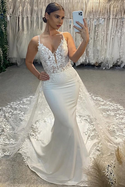 Elegant Mermaid V Neck Stretch Satin Wedding dress with Appliques AB25022604