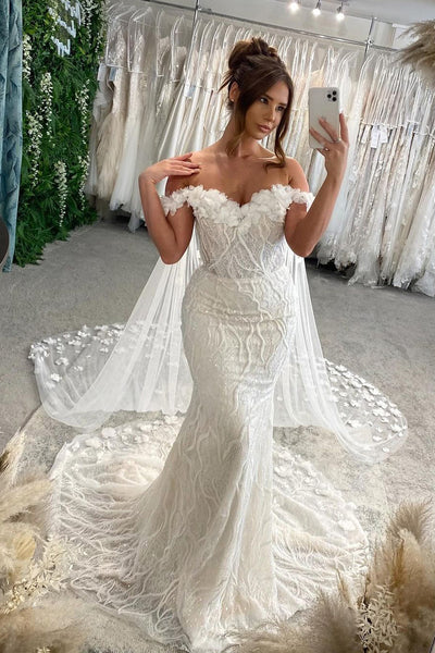 Charming Mermaid Off the Shoulder Lace Long Bridal Dresses AB24103009