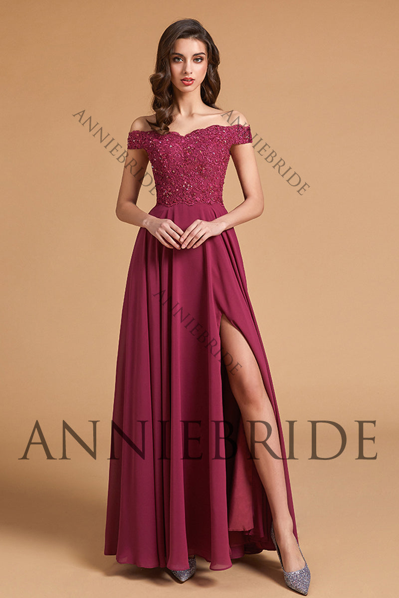 Elegant A Line Off the Shoulder Dusty Red Chiffon Long Bridesmaid Dresses with Slit ABBD061806 Anniebride Elegant A Line Off the Shoulder Dusty Red Chiffon Long Bridesmaid Dresses with Slit ABBD061806 Anniebride