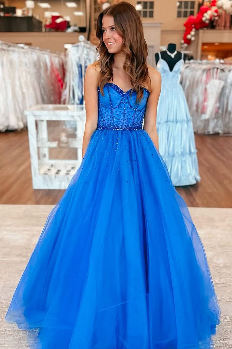 royal blue tulle prom dress Plunging Neck Royal Blue Beaded Ruffle Tulle Homecoming Dress – FancyVestido main image 1
