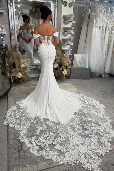 Elegant Off the Shoulder Mermaid Satin Wedding Dress with Appliques AB25102109