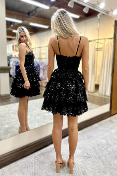 Cute A Line Sweetheart Black Sequins Lace Short Homecoming Dresses AB24081603