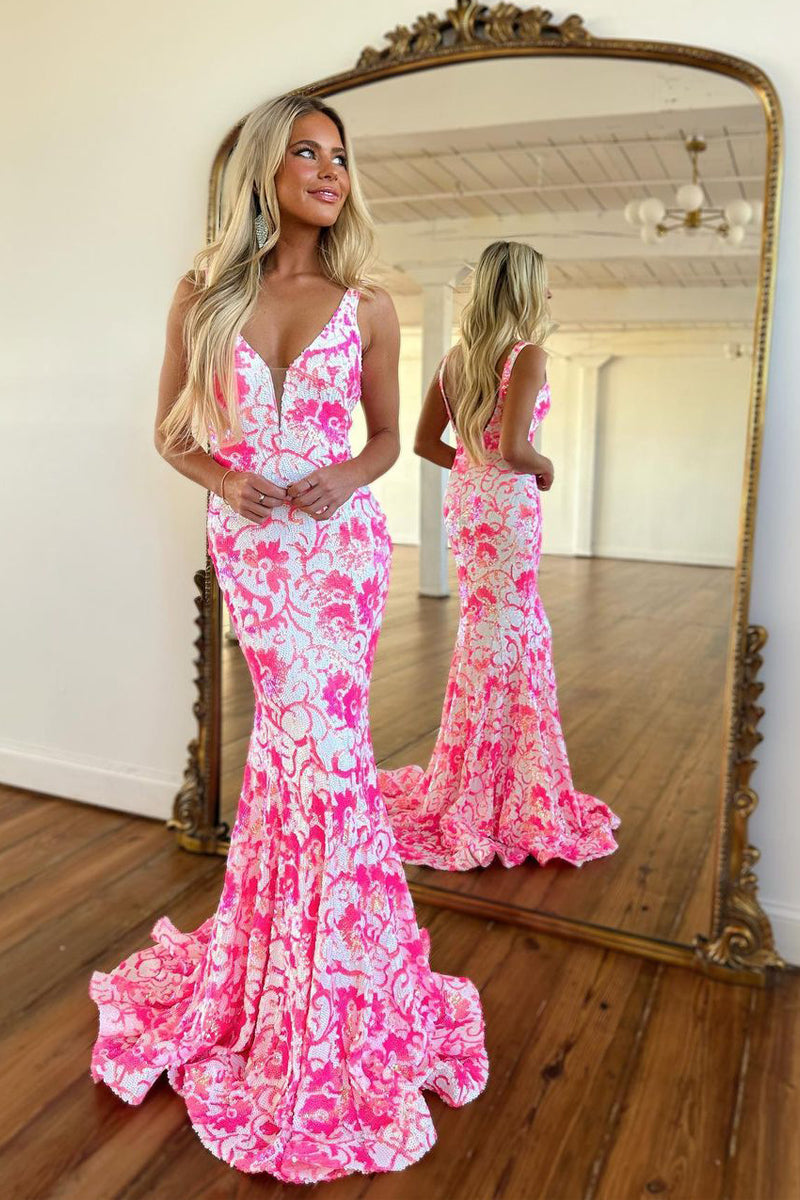 Gorgeous Mermaid V Neck Pink White Sequins Long Prom Dress
