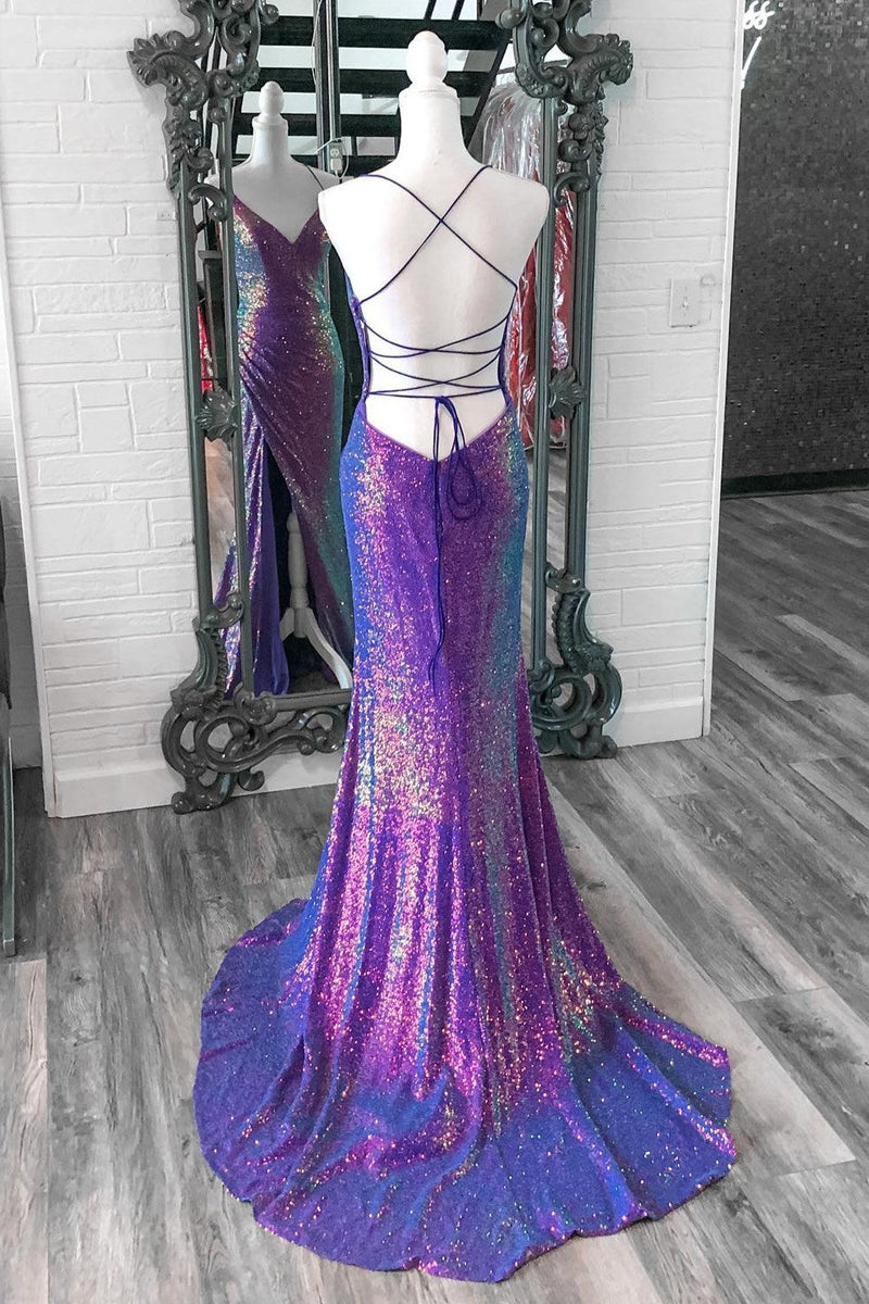 Charming Mermaid Purple Sequins V Neck Long Prom Dress with Slit –  Anniebride