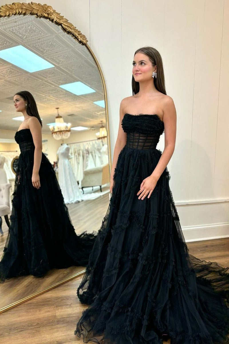 black prom dress strapless Sparkly Sexy Black Strapless Open Back Mermaid Side-slit Long Prom Dre –  SposaBridal main image 1