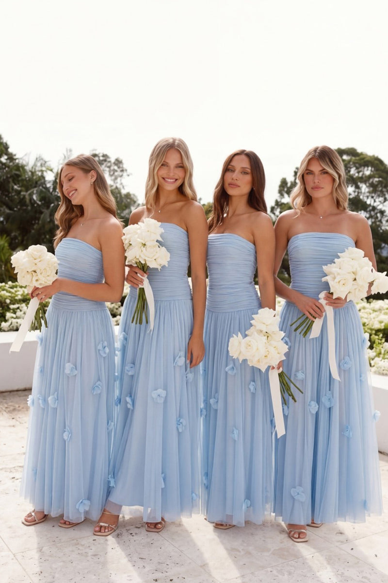 light blue strapless bridesmaid dress A Line Chiffon with 3D Flowers AB26040802 Women's Floral Dresses | The strapless design and Why Its Special:skimming-fit Size:16 (34/35)