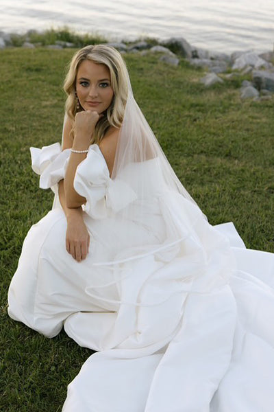 Gorgeous Mermaid Off the Shoulder White Satin Bridal Dresses with Ruffled Sleeves AB24112616