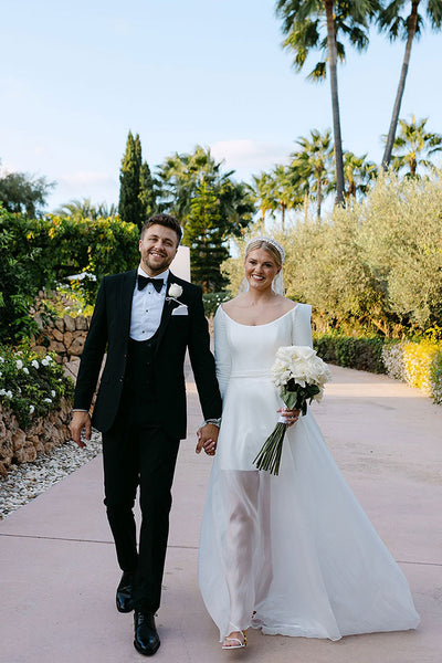 Simple Sheath Boat Neck Long Sleeves Short Wedding Dresses with Detachable Skirt AB25050703