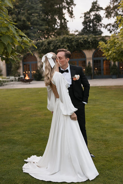 Gorgeous A Line Deep V Neck White Satin Bridal Dresses with Ruffled Sleeves AB24120312