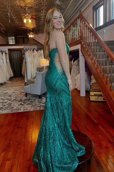 Sparkly Mermaid Strapless Green Sequins Long Prom Dress with Beading AB25010406