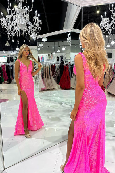 Sparkly Mermaid V Neck Hot Pink Sequins Long Prom Dresses with Slit AB100607