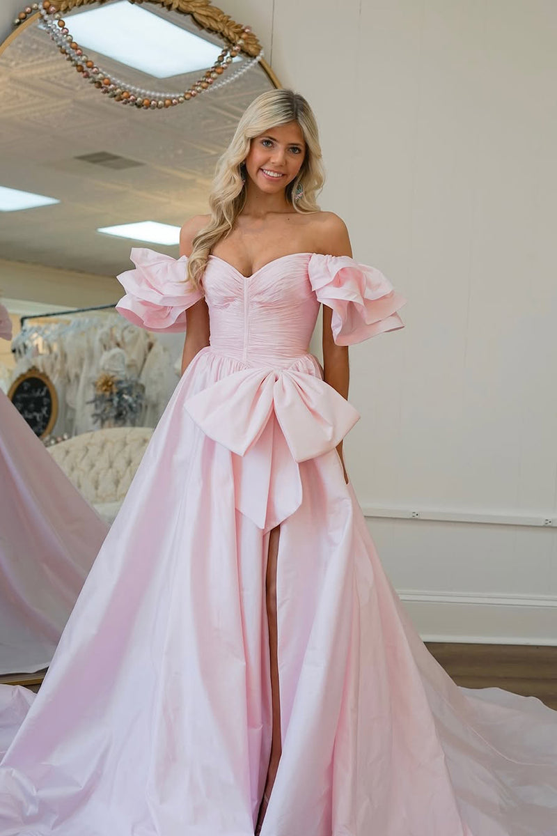 pink prom dress with bow Cute Ball Gown Off the Shoulder Satin AB24122407 – Anniebride English Factory Women's Striped shoulder cut and the Collar Type:SURPLICE Color:Other Color Choose From Chart