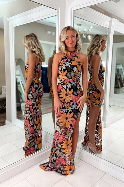 Cute Mermaid Halter Lace Sequins Long Prom Dress with Slit AB25102608