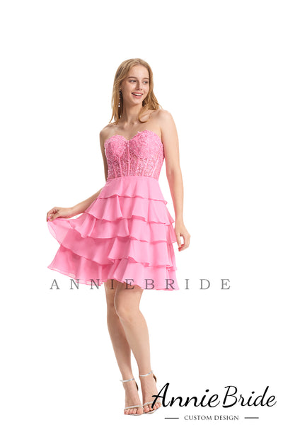 Cute A Line Sweetheart Pink Chiffon Tiered Short Homecoming Dresses AB24072104