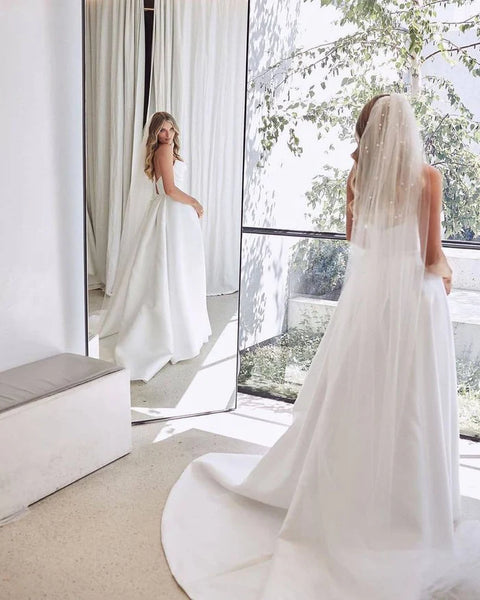 Gorgeous Ball Gown V Neck Pleat Satin Long Bridal Dresses with Slit AB24110711