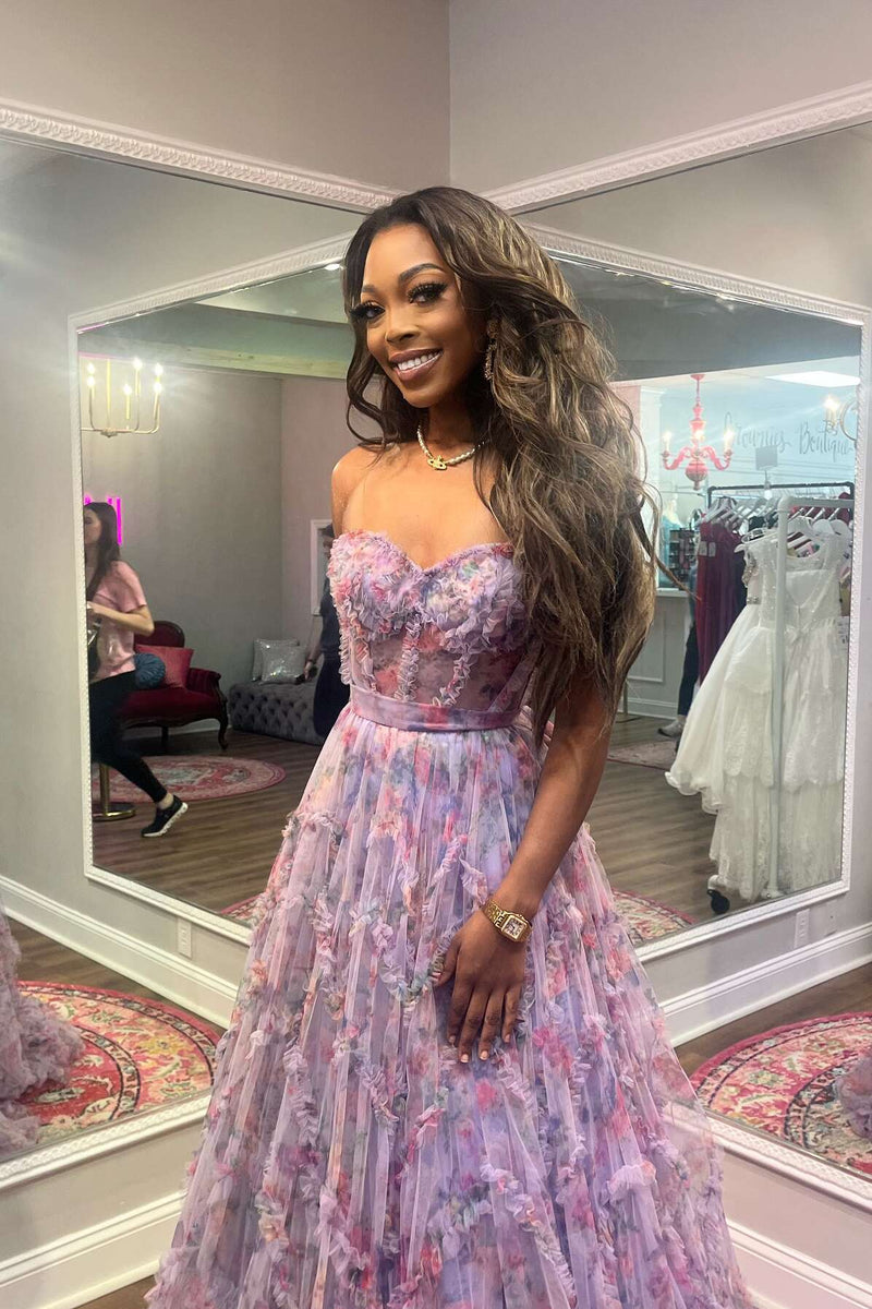 Cute A-Line Sweetheart Purple Floral Print Ruffle Long Prom Dress – Anniebride