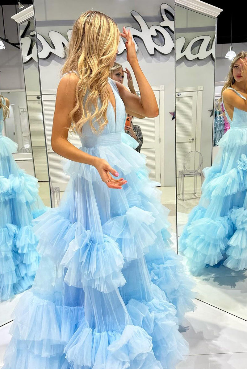 A-Line Long V-Neck Tiered Print Prom Dress Blue Strapless