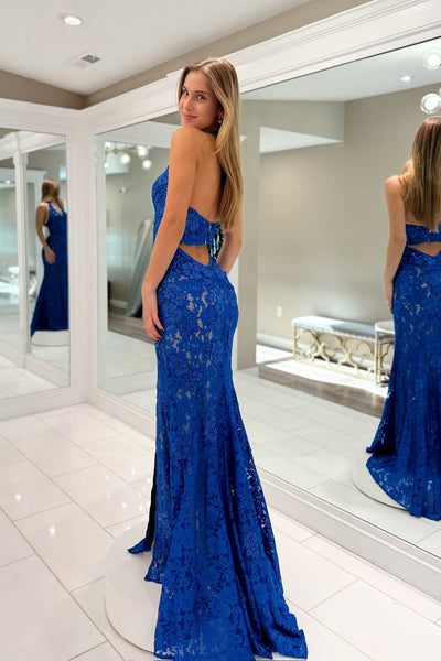 Charming Mermaid V Neck Royal Blue Lace Prom Dress AB25101702