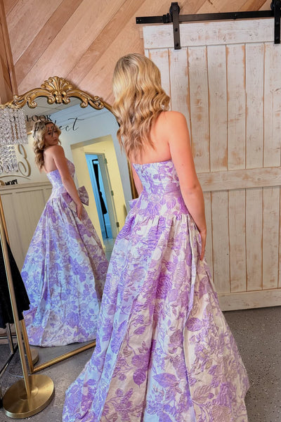 Cute A Line Strapless Jacquard Satin Long Prom Dress with Bow AB25102609