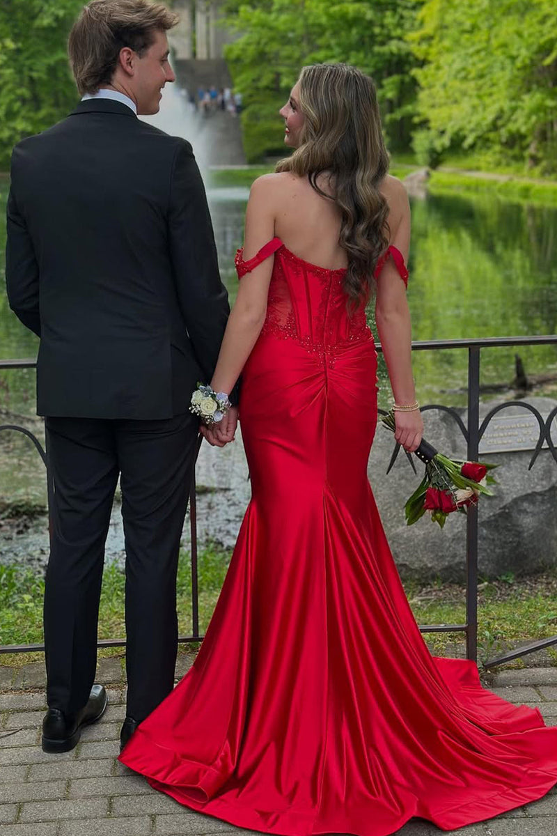 Cute Mermaid Off the Shoulder Red Satin Prom Dresses AB25052835